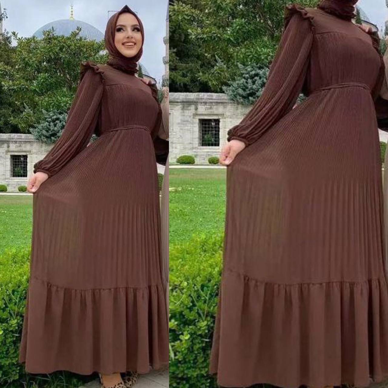 RIDA Beautiful Frill Plates work Abaya DARK BROWN - ( HIGHLY CUSTOMER DEMAND )