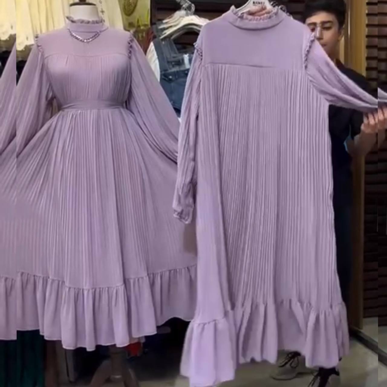 RIDA Beautiful Frill Plates work Abaya LITE LAVENDER - ( HIGHLY CUSTOMER DEMAND )