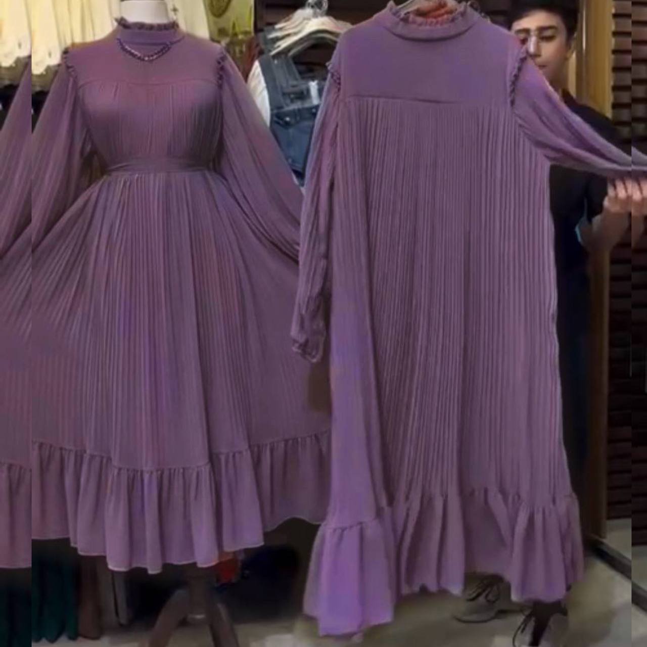 RIDA Beautiful Frill Plates work Abaya LAVENDER - ( HIGHLY CUSTOMER DEMAND )