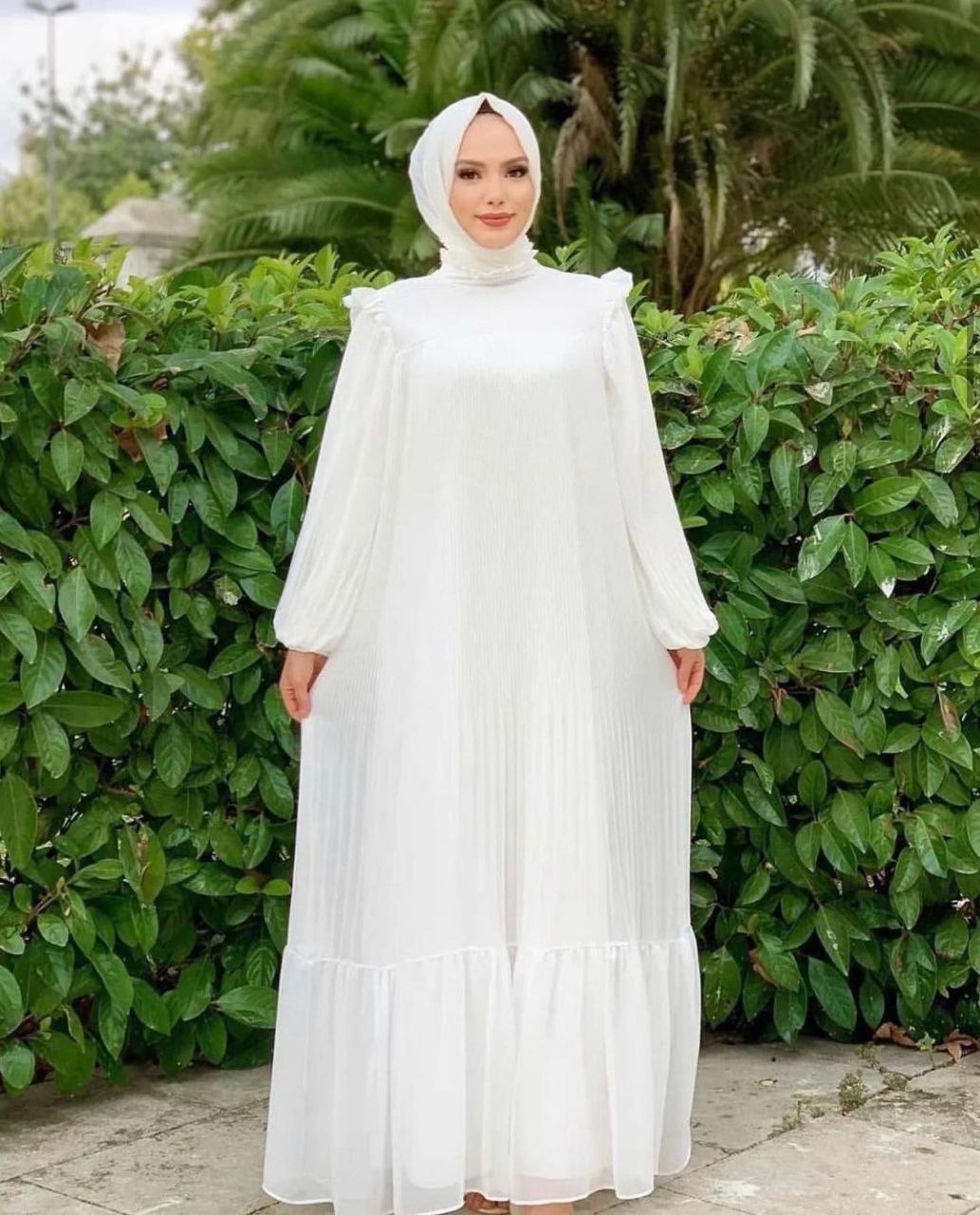 RIDA Beautiful Frill Plates work Abaya WHITE - ( HIGHLY CUSTOMER DEMAND )