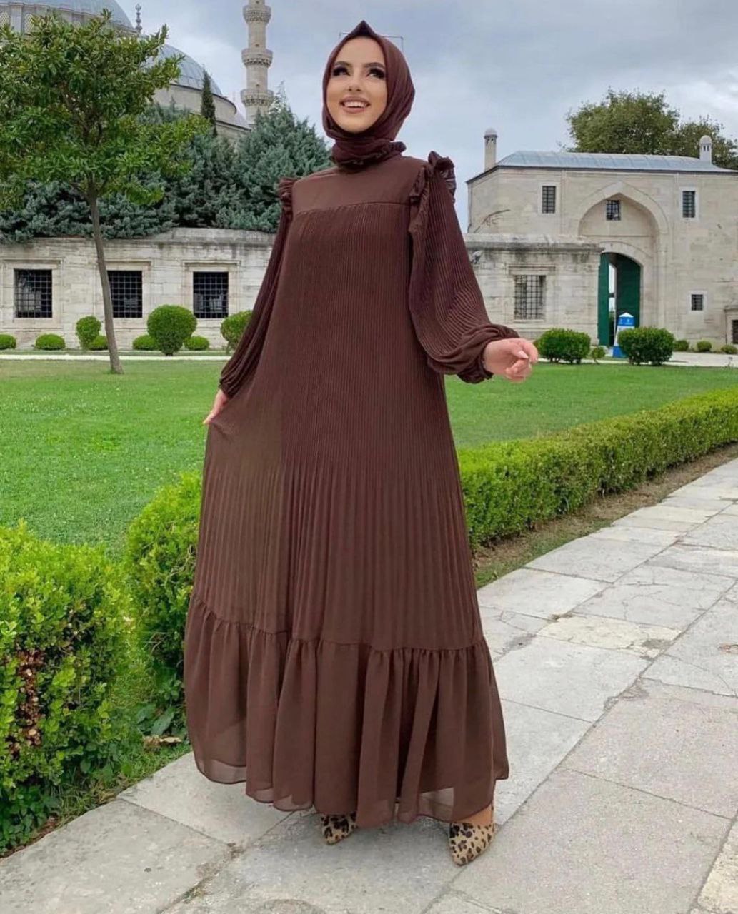 RIDA Beautiful Frill Plates work Abaya DARK BROWN - ( HIGHLY CUSTOMER DEMAND )