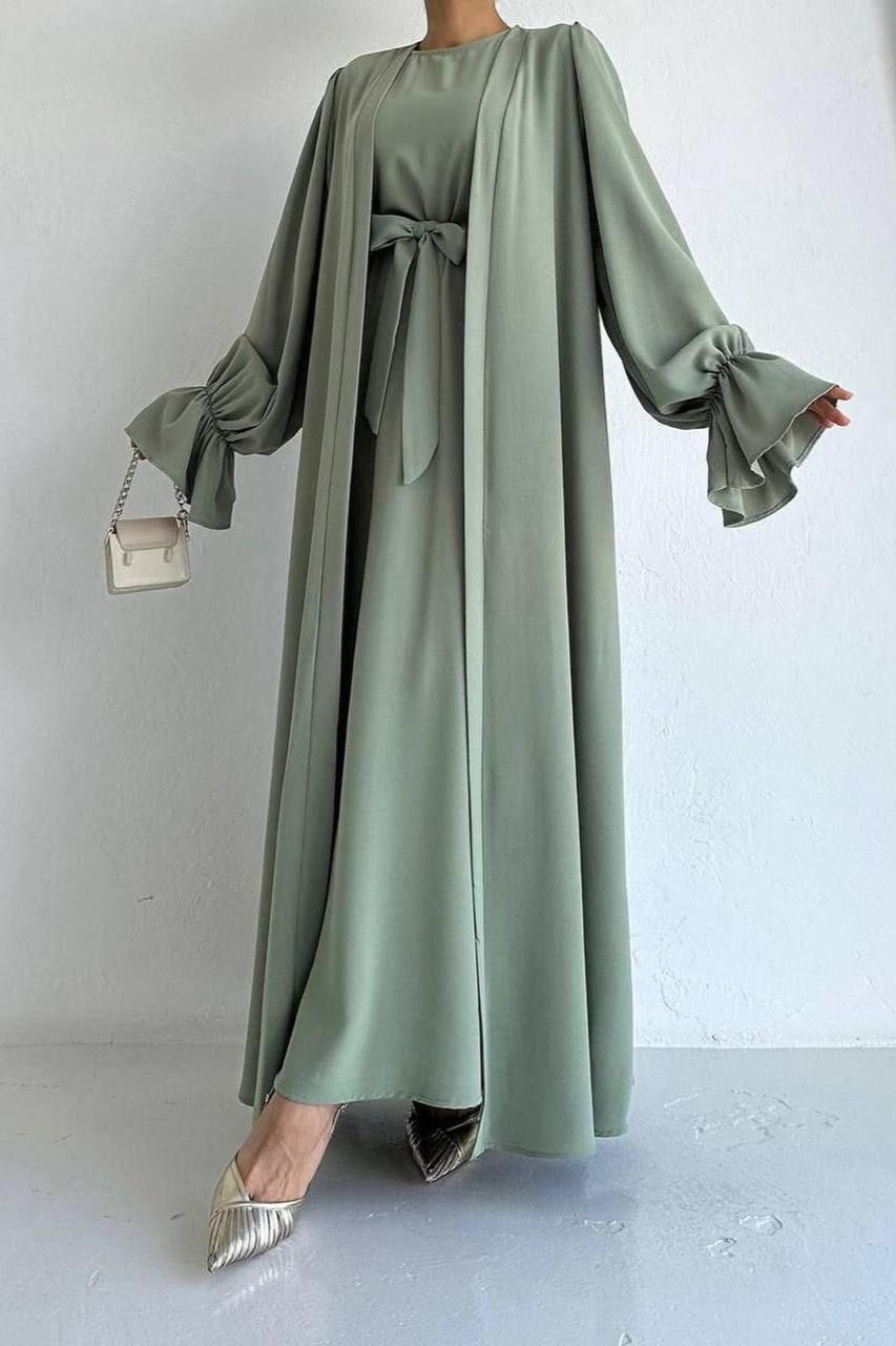 Ebrah Beautiful Double Shrugs Abaya PISTA GREEN ( NEW LAUNCH )