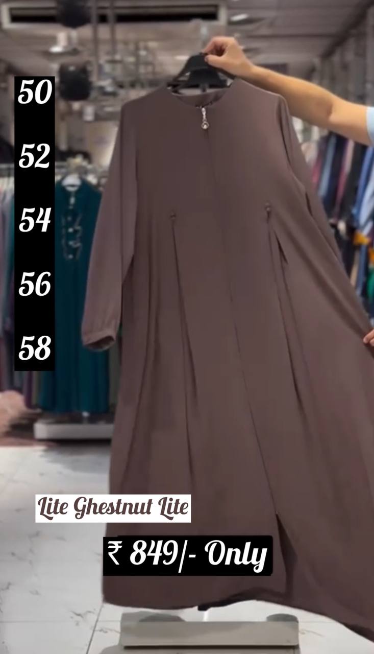 Kulsum Front Open Plates Work Zipper Abaya CHOCOLATE BROWN ( New Launch )