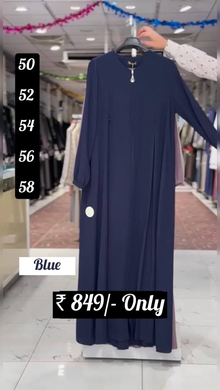 Kulsum Front Open Plates Work Zipper Abaya BLUE ( New Launch )