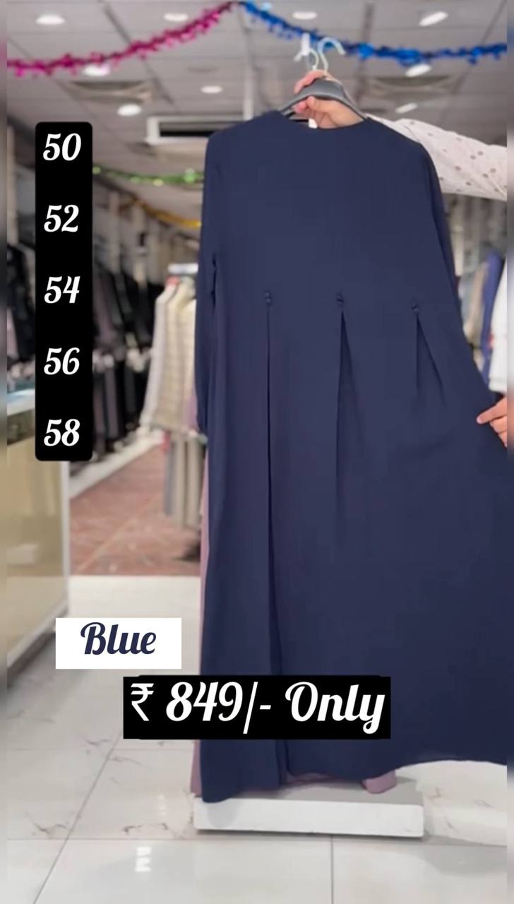 Kulsum Front Open Plates Work Zipper Abaya BLUE ( New Launch )