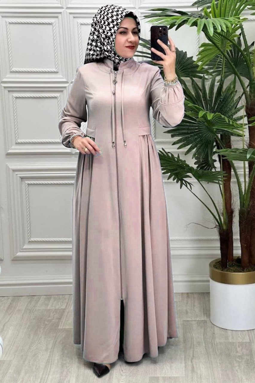 Ayrah Beautiful Side Plates Zipper Abaya NUDE ( RAMADAN LAUNCH )