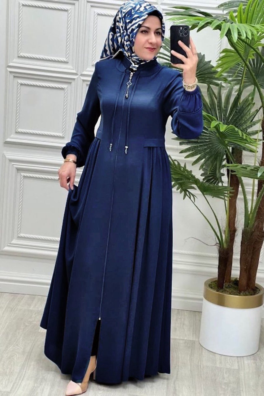 Ayrah Beautiful Side Plates Zipper Abaya BLUE ( RAMADAN LAUNCH )