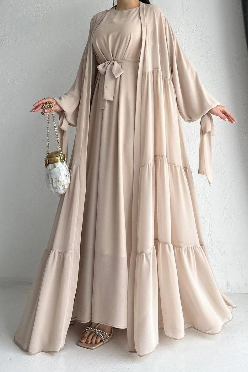 Amani Beautiful Tripple Frill Plates Abaya LITE NUDE  ( New Launch )