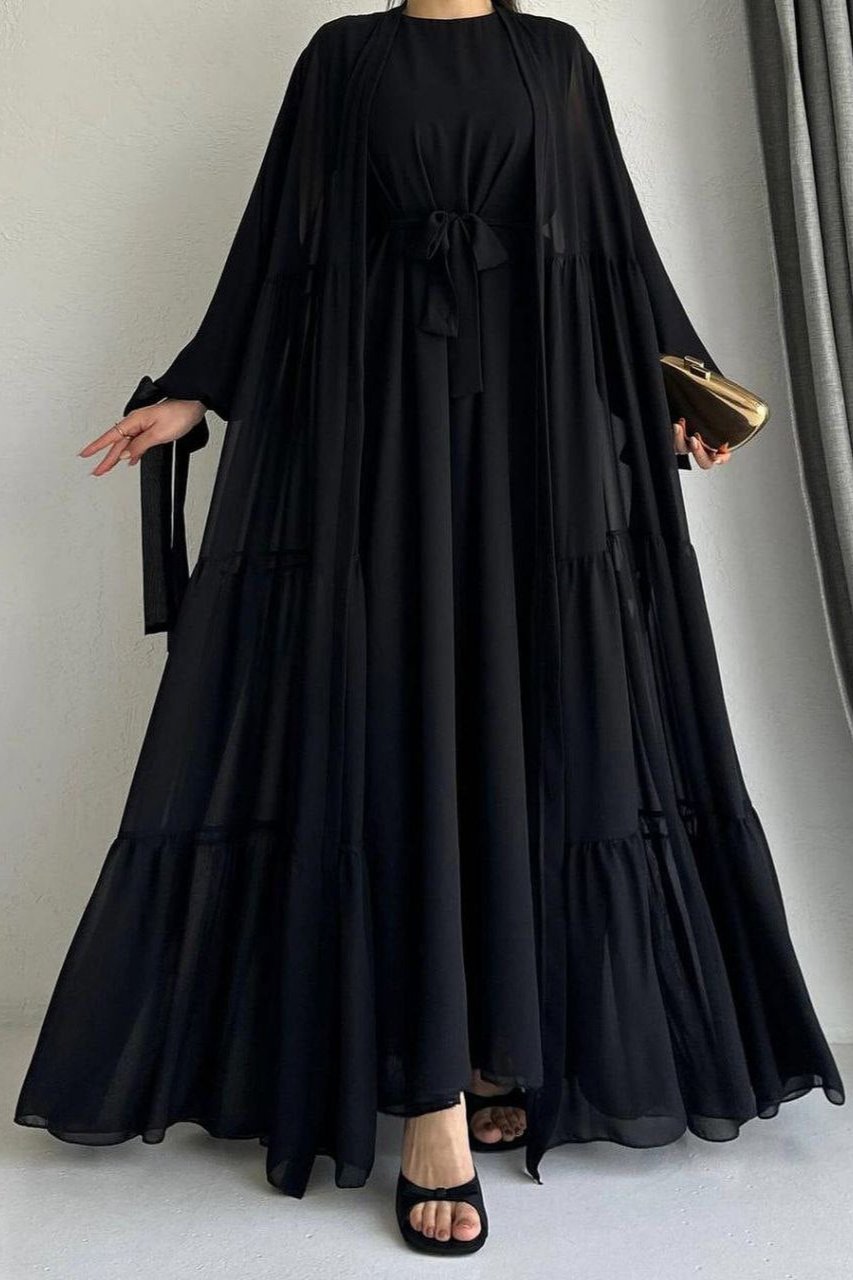 Amani Beautiful Tripple Frill Plates Abaya BLACK ( New Launch )