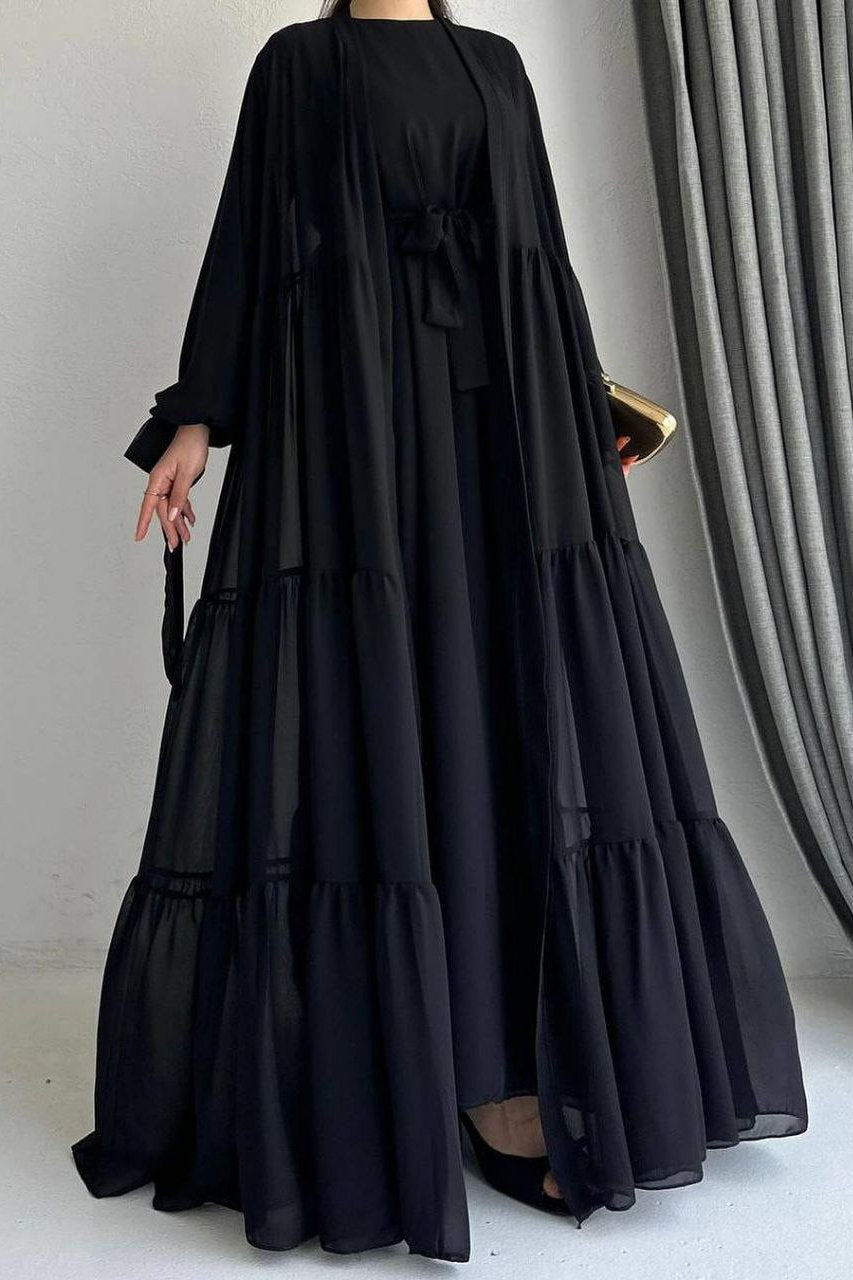 Amani Beautiful Tripple Frill Plates Abaya BLACK ( New Launch )