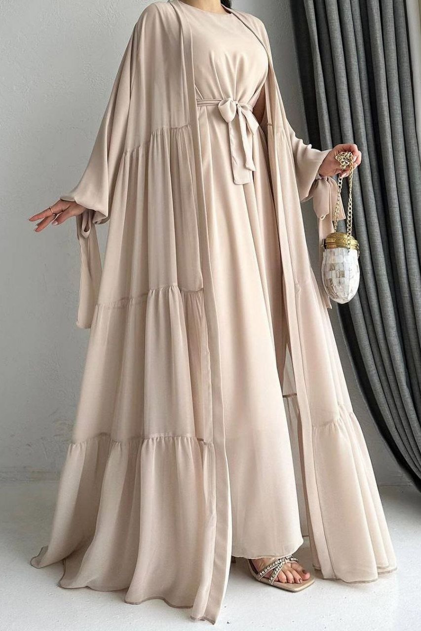 Amani Beautiful Tripple Frill Plates Abaya LITE NUDE  ( New Launch )