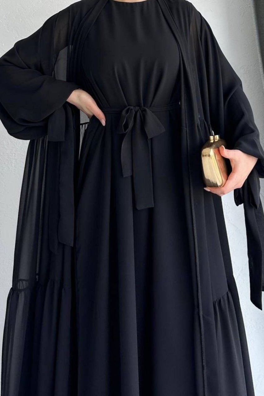 Amani Beautiful Tripple Frill Plates Abaya BLACK ( New Launch )