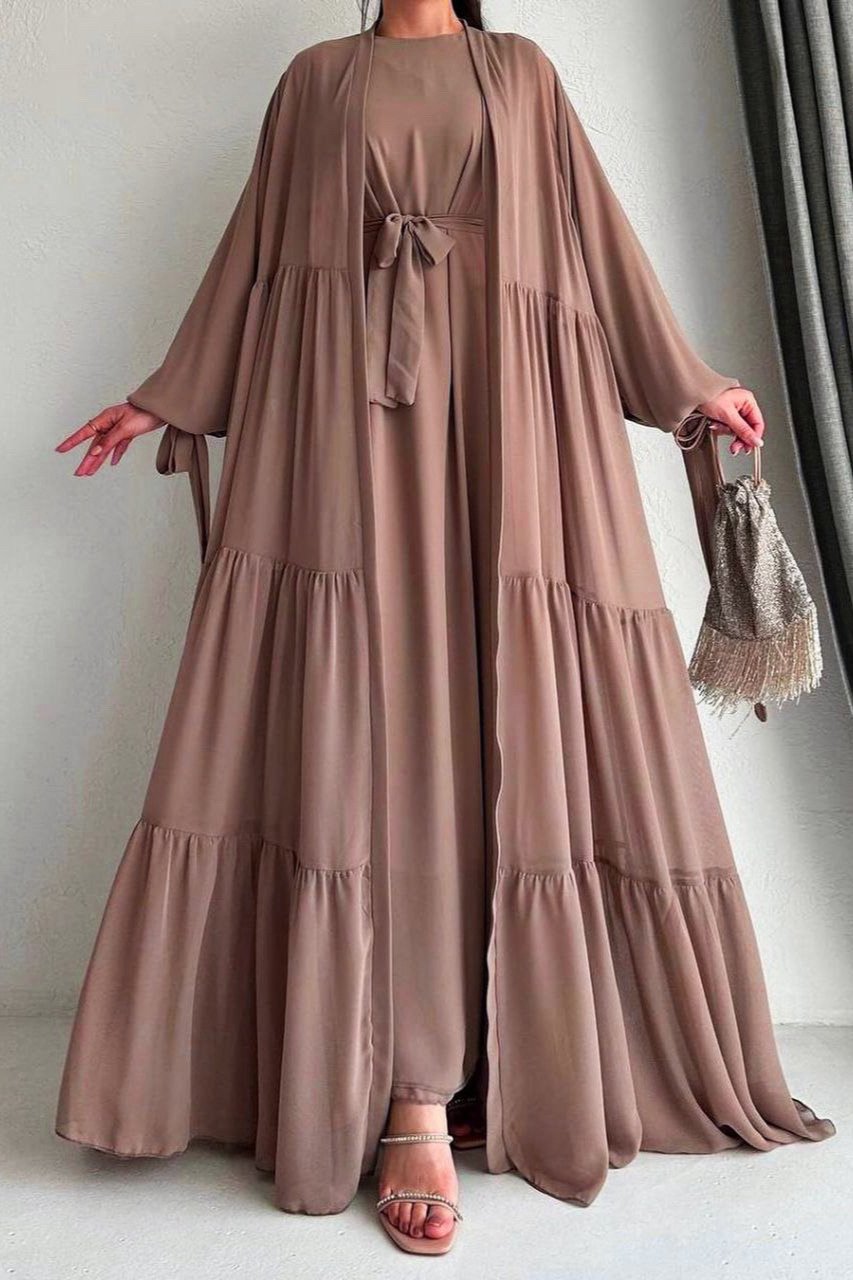 AMANI BEAUTIFUL TRIPPLE FRILL PLATES ABAYA MOCHA BROWN ( NEW LAUNCH )