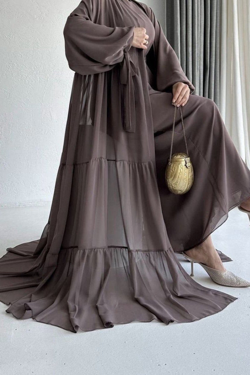 AMANI BEAUTIFUL TRIPPLE FRILL PLATES ABAYA DARK GRAY ( NEW LAUNCH )