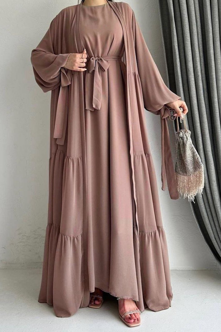 AMANI BEAUTIFUL TRIPPLE FRILL PLATES ABAYA MOCHA BROWN ( NEW LAUNCH )