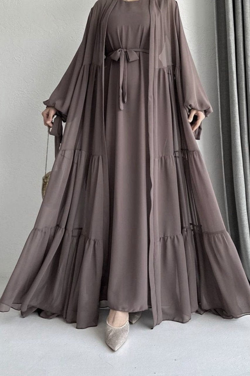 AMANI BEAUTIFUL TRIPPLE FRILL PLATES ABAYA DARK GRAY ( NEW LAUNCH )